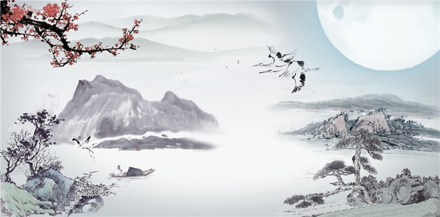 月圆山水水墨画