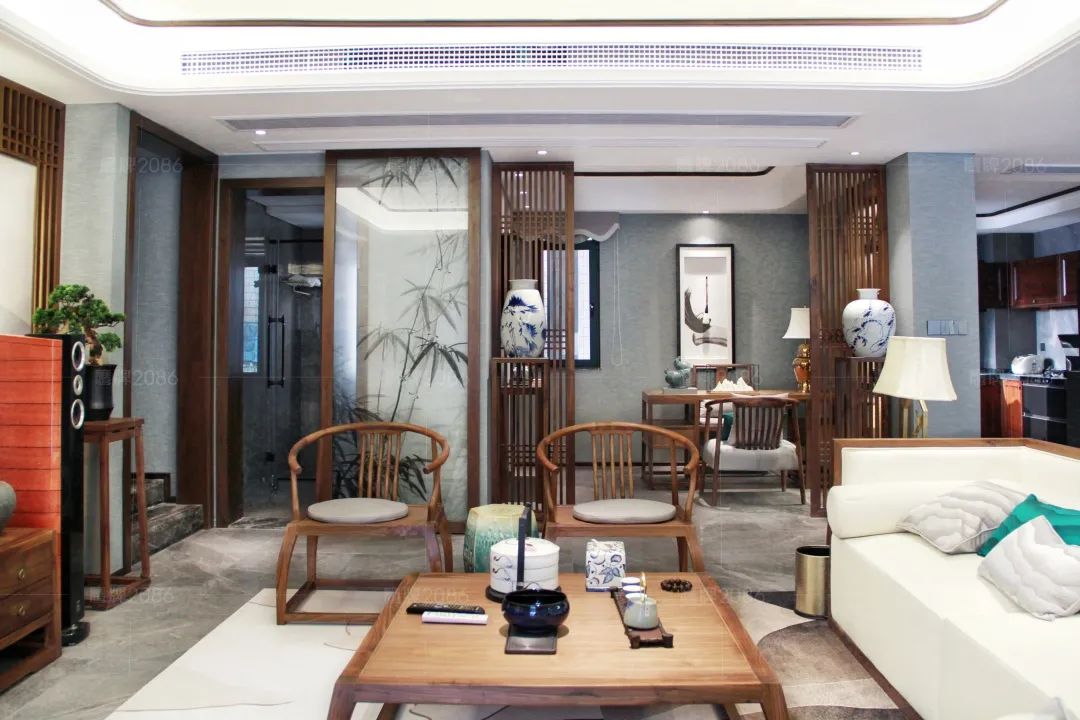 200㎡新中式设计，一款灰色现代砖贯穿整个生活空间